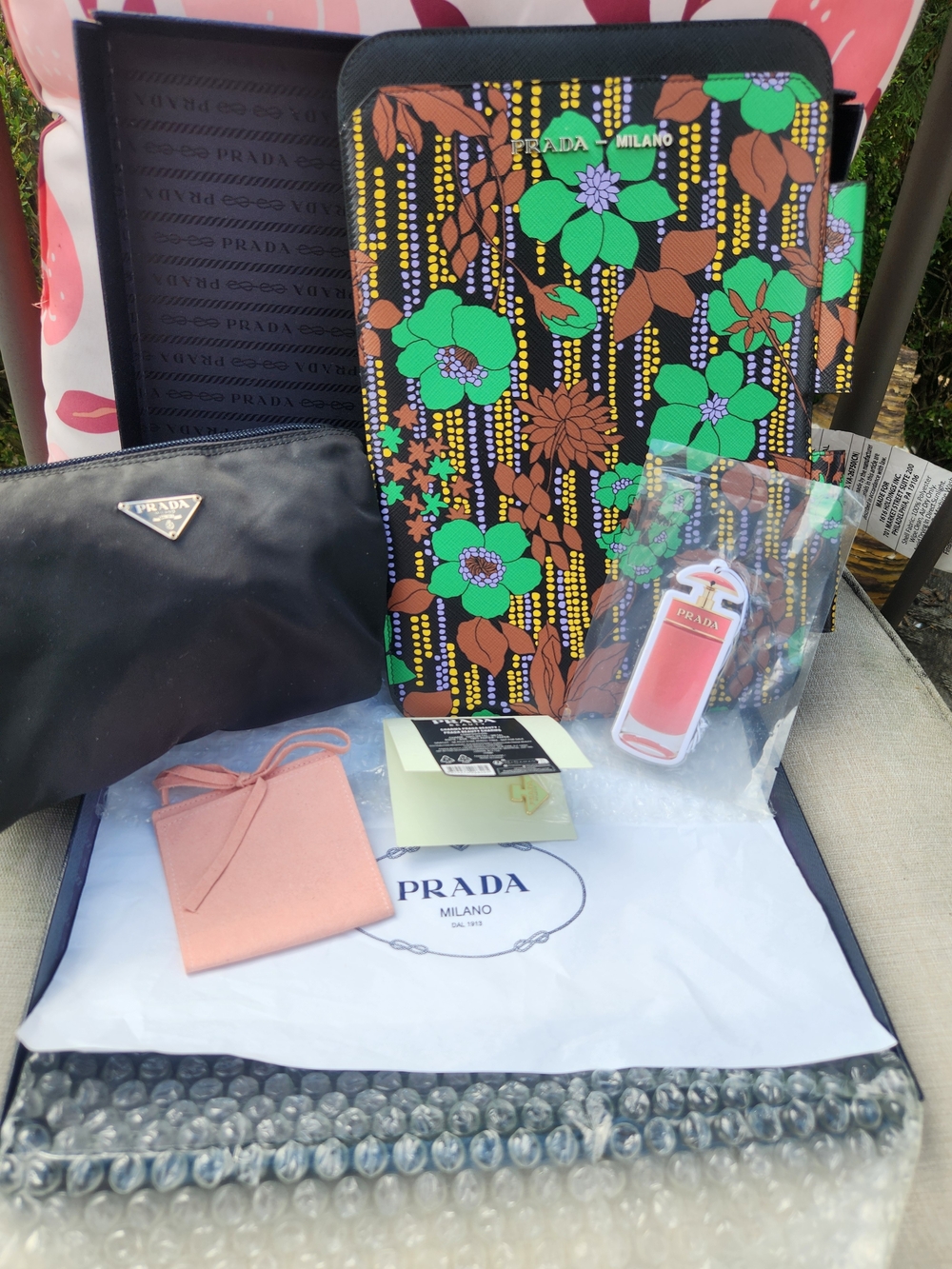 RESERVED! Prada Authentic Pouch & Floral Print Tablet Sleeve W Charms Bundle NIB - Picture 2 of 16